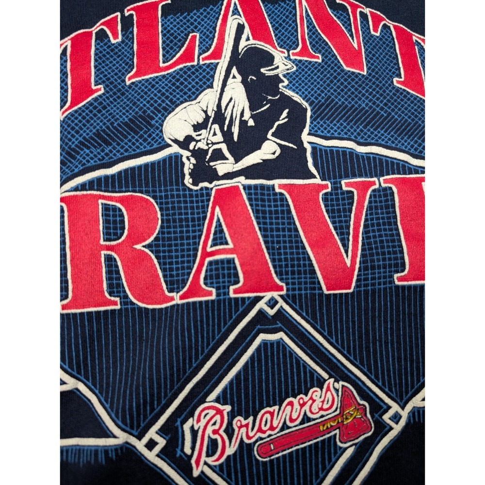 Vintage Atlanta Braves Baseball T Shirt Mens Large Logo 7 Navy Blue Tomahawk 90s - Picture 7 of 11